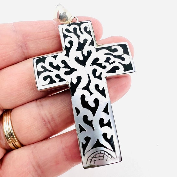 Sterling Silver Inlaid Mother of Pearl Ebony Cros… - image 3