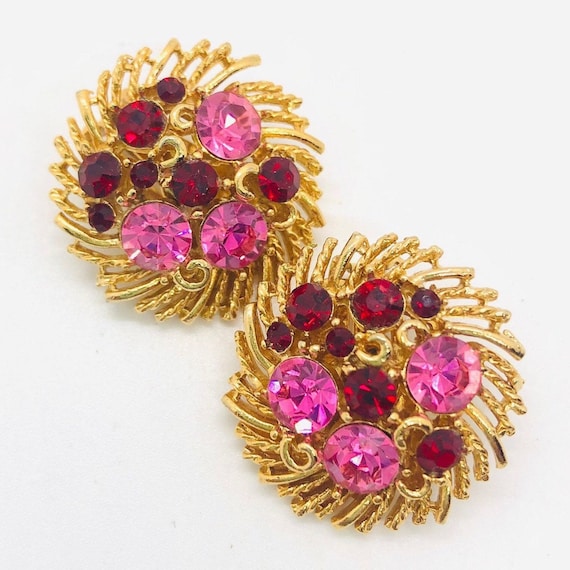 Beautiful LISNER Pink & Red Rhinestone Earrings S… - image 1
