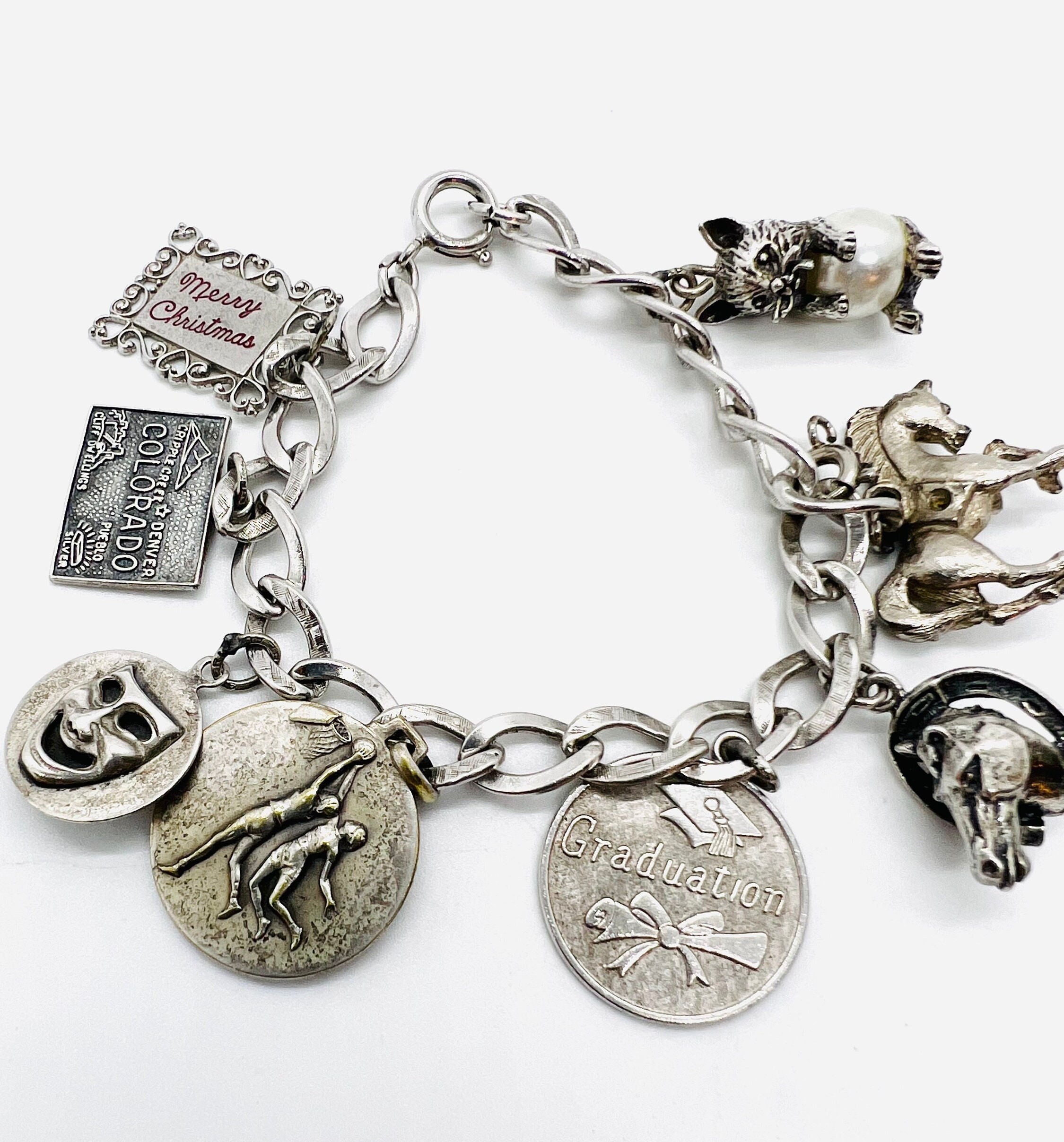 Sterling Silver Charm Bracelet 8 Charms 39gm Cat Horses Fine 