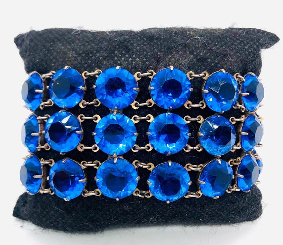 Art Deco Wide Royal Blue Rhinestone Glass Bracele… - image 4