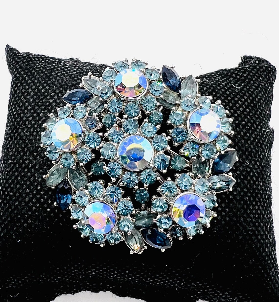 TRIFARI Layered Shades of Blue & AB Rhinestone Brooch Signed Vintage ...