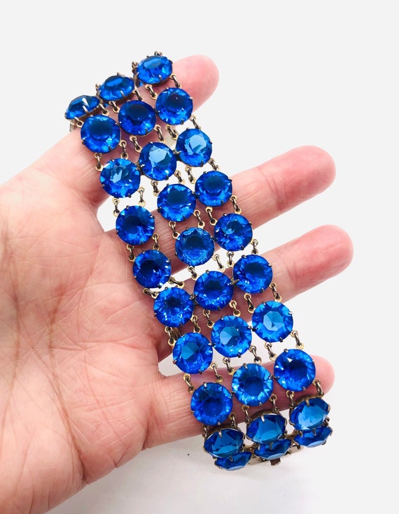 Art Deco Wide Royal Blue Rhinestone Glass Bracele… - image 6