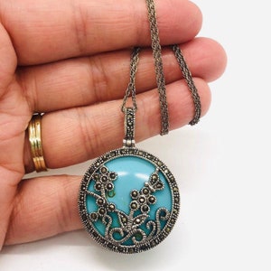 Sterling Silver Marcasites Faux Turquoise Necklace Gemstone Fine Vintage Designer Jewelry