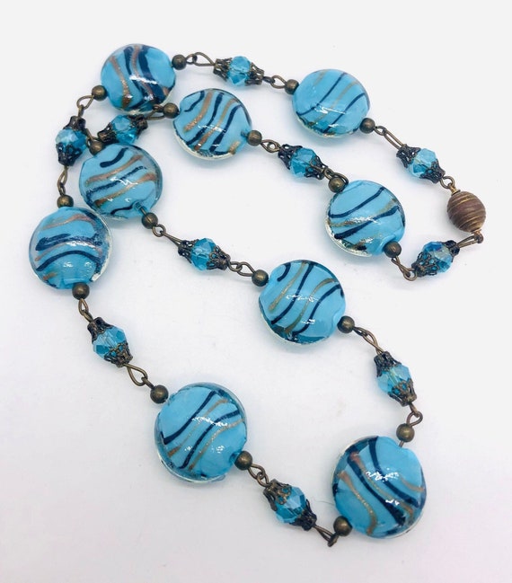 Murano Venetian Blue Aventurine Glass Beaded Neck… - image 1