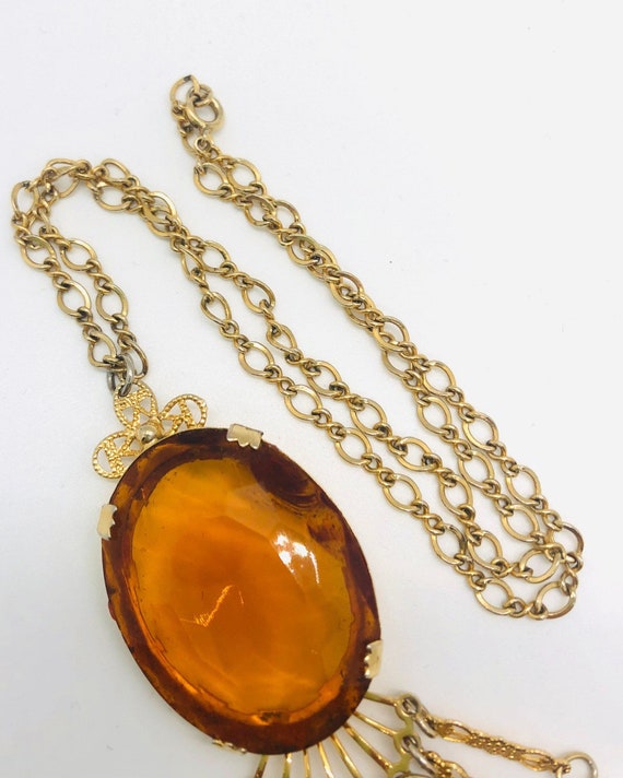 Faceted Amber Glass Necklace Rhinestone Dangles V… - image 6