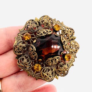 WEST GERMANY Ornate Filigree & Topaz Rhinestone Brooch Vintage Jewelry