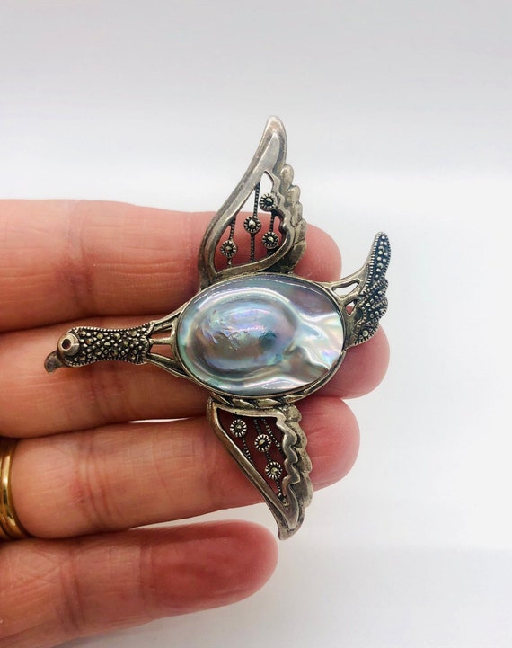 Large Sterling Silver Marcasites & BLISTER PEARL … - image 1