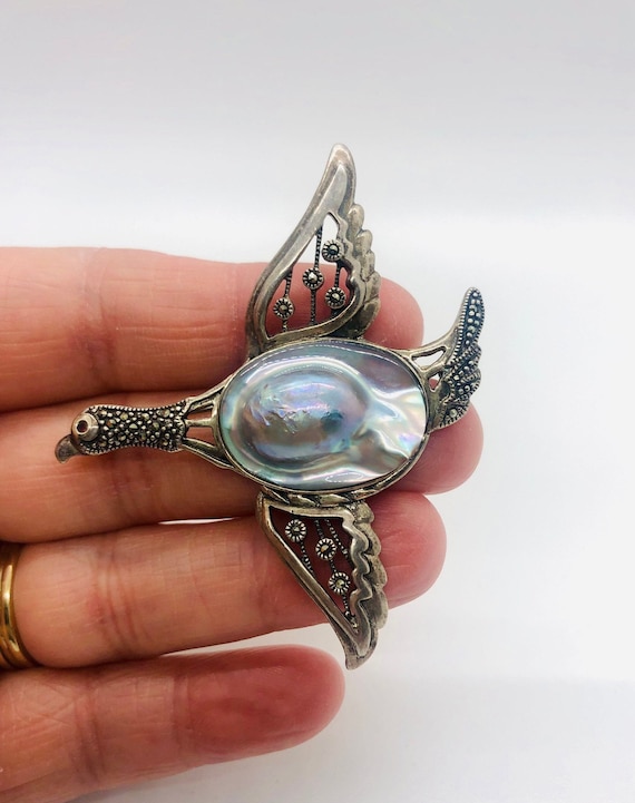 Large Sterling Silver Marcasites & BLISTER PEARL … - image 1