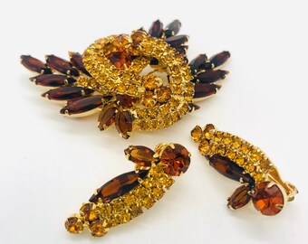 Juliana Delizza & Elster Rhinestone Brooch Earrings Demi Topaz Vintage Designer Jewelry