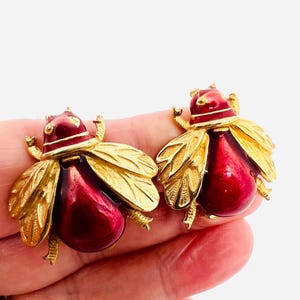 Large MARESCA Red Enameled Figural Bumblebee Earrings Signed Vintage Designer Jewelry