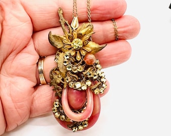 Huge Miriam Haskell Pendant Necklace, Brass Lion Lavalier