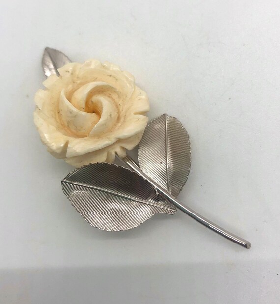 BEAU STERLING Carved Celluloid Rose Brooch Sterli… - image 3