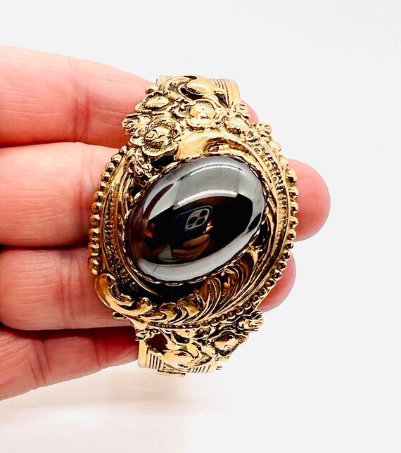 Wide Ornate WHITING & DAVIS Hematite Cabochon Ban… - image 6