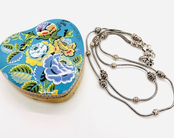 Long BRIGHTON Silver Rhinestone & Heart Double Strand Necklace Original Tin Vintage Designer Jewelry