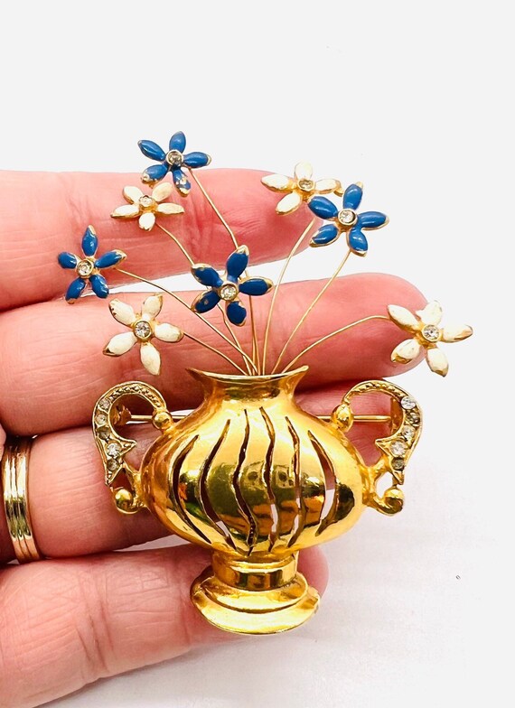 Rare REINAD Trembler Enamel Flowers Gold Tone Pot… - image 8