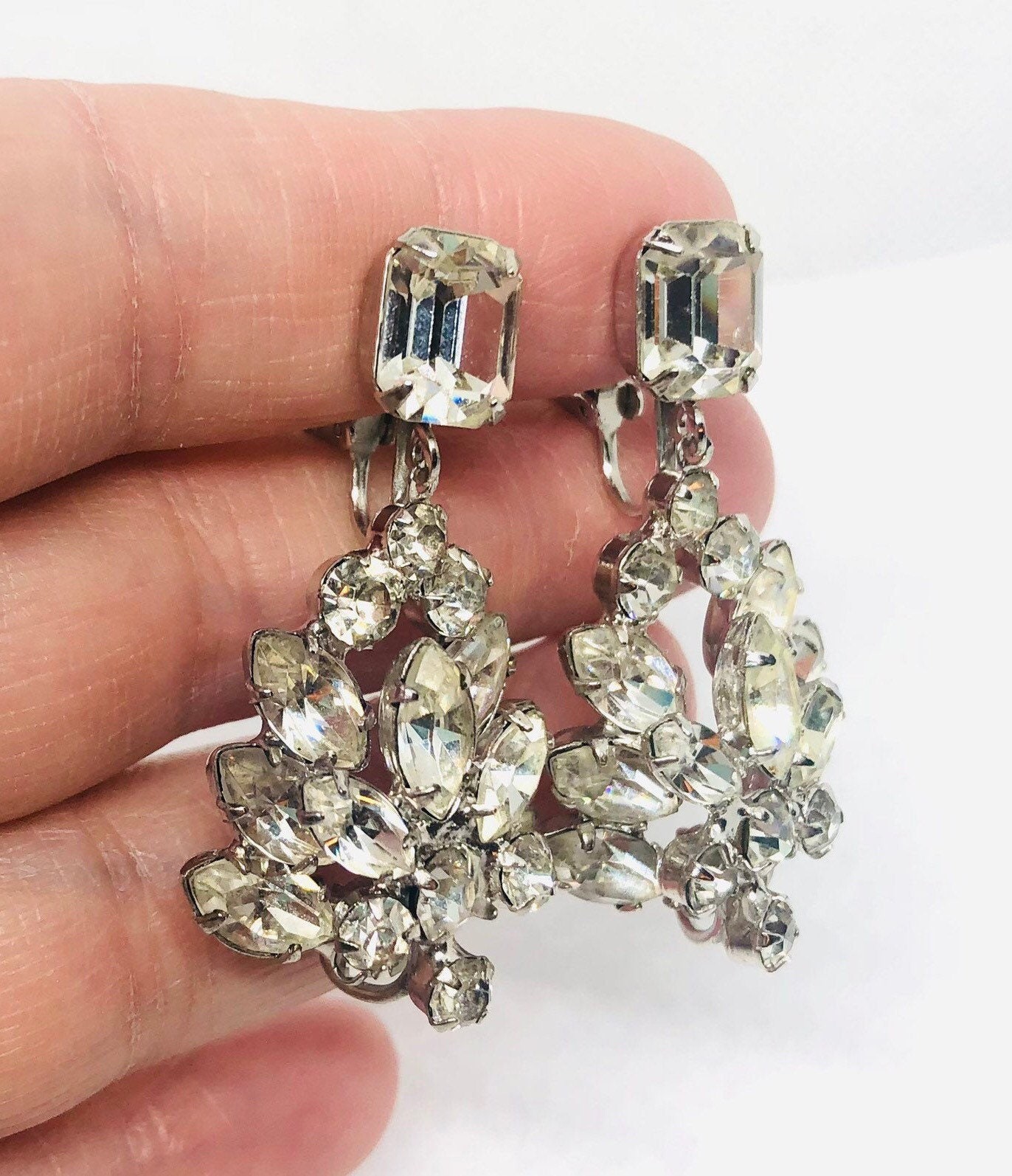 Long Clear Sparkling Rhinestone Drop Dangle Earrings Old