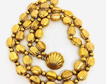 Chunky Double Strand Gold Tone Puffy Beaded Necklace On Chain Vintage Designer Jewelry