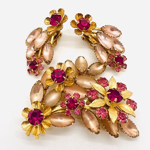 JUDY LEE Frosted Pink Rhinestone Brooch & Earring… - image 1