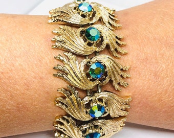 Coro Pegasus Wide Rhinestone Bracelet 1 3/8 in Blue AB Textured Vintage Designer Jewelry