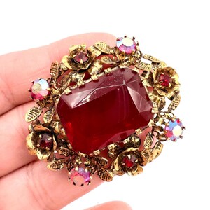 Made in Austria Faceted Ruby Red Glass  Rhinestone Brooch Signed Vintage Designer Jewelry