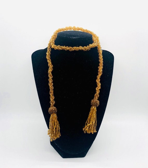 Art Deco Topaz Beaded & Woven Topaz Glass Necklace Flapper