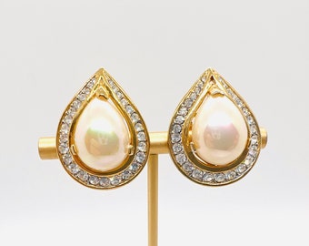 Iridescent Faux Pearl & Pave Set Clear Rhinestone Earrings 80’s Vintage Designer Jewelry