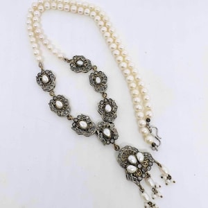 Sterling Silver Natural Polki Diamond & Pearl Beaded Pendant Necklace 40gm Fine Vintage Jewelry