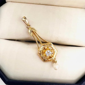 Art Deco 10k Solid Gold Genuine Diamond & Pearl Lavalier Pendant Fine Vintage Antique Jewelry