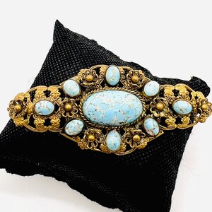 Large CZECH Ornate Filigree & Hubbell Glass Brooch 3 1/2 Inches Vintage Antique Jewelry