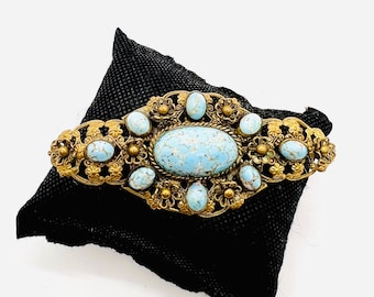 Large CZECH Ornate Filigree & Hubbell Glass Brooch 3 1/2 Inches Vintage Antique Jewelry