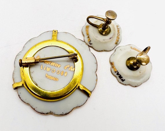 Limoges France Hand Painted Brooch & Earrings Dem… - image 8