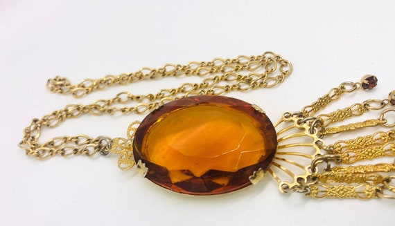 Faceted Amber Glass Necklace Rhinestone Dangles V… - image 8