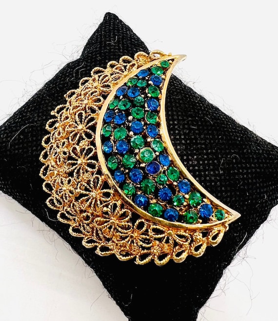 KARU ARKE Green & Blue Jewel Tone Rhinestone Brooc