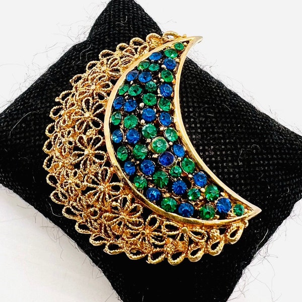 KARU ARKE Green & Blue Jewel Tone Rhinestone Brooch Signed Vintage Designer Jewelry