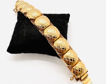 HOBE’ Domed & Woven Mesh Bracelet Etched Gold Tone Signed Vintage Designer Jewelry