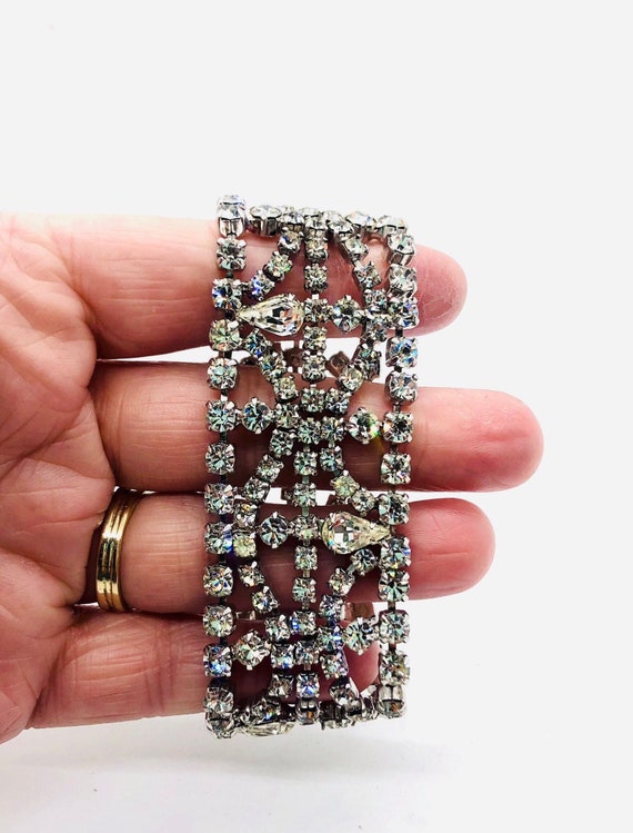 Wide Sparkling Clear Rhinestone Bracelet Lacy Des… - image 9