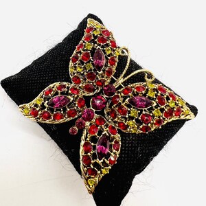 Large Jewel Tone Rhinestone Butterfly Brooch Gold Tone Vintage Designer Jewelry