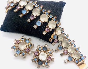Wide HOBE’ Frosted Rhinestone Fringe Bracelet Earrings Demi Amethyst RS Signed Vintage Designer Jewelry