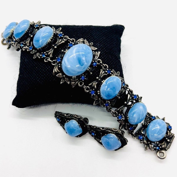 SELRO Marbleized Blue Cabochon Rhinestone Bracelet Earrings Demi Vintage Designer Jewelry