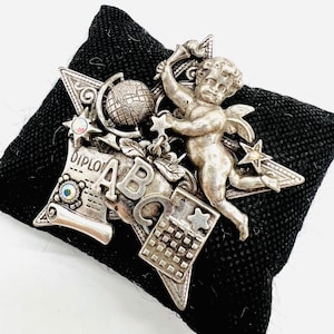 KIRKS FOLLY ABC Angel School Brooch Rhinestones Signed Vintage Designer Jewelry