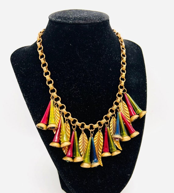 Early Miriam HASKELL Unusual Bell Tubes & Leaves Bib Necklace
