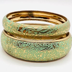 Pair Pastel Green Enameled Bangle Bracelets Gold Tone Ornate Vintage Designer Jewelry