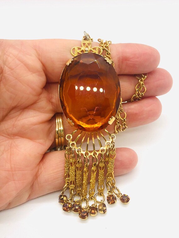 Faceted Amber Glass Necklace Rhinestone Dangles V… - image 4