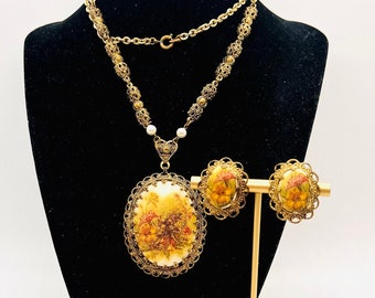 WEST GERMANY Floral Sugar Beaded Necklace Earrings Signed Vintage Jewelry