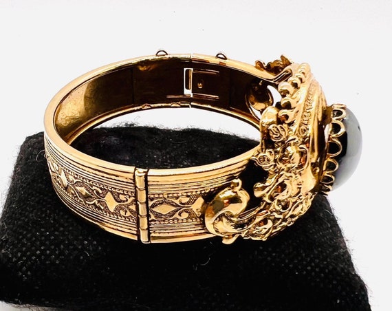 Wide Ornate WHITING & DAVIS Hematite Cabochon Ban… - image 7