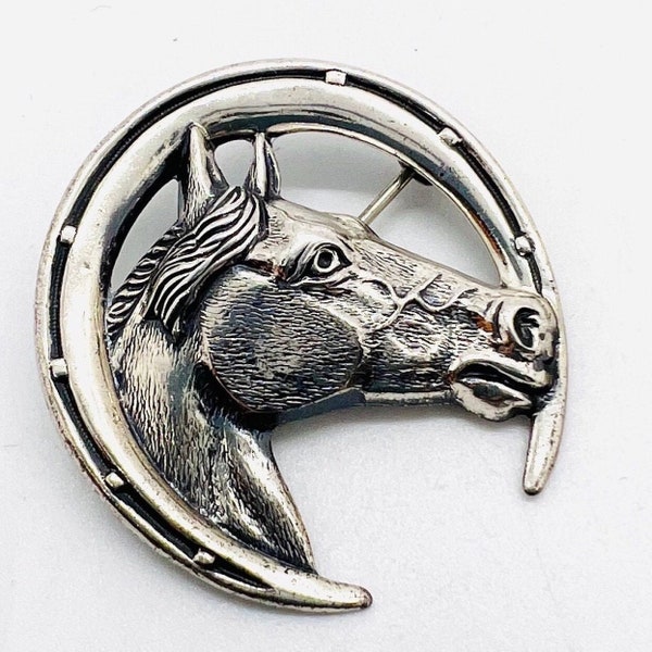 BEAU STERLING Horse Head Horseshoe Equestrian Brooch Signed Fine Vintage Jewelry