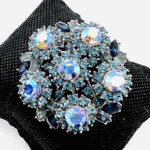 TRIFARI Layered Shades of Blue & AB Rhinestone Brooch Signed Vintage Designer Jewelry