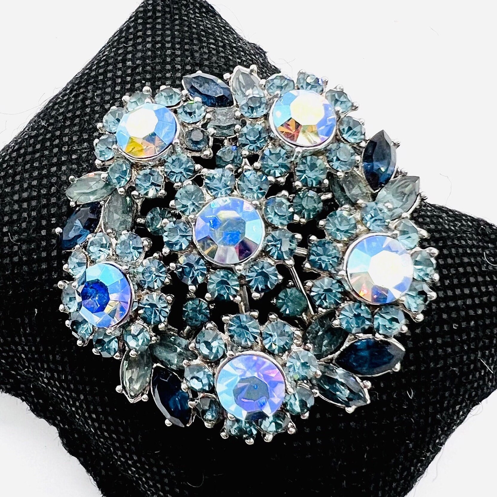 TRIFARI Layered Shades of Blue & AB Rhinestone Brooch Signed Vintage ...