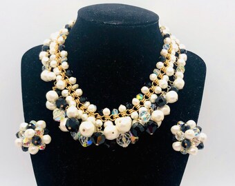 Chunky Faceted Crystal & Faux Pearl Cluster Beaded Necklace and Earrings Demi Vintage Designer Jewelry