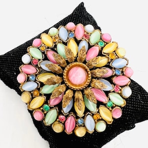 Large CZECH? Pastel Moonstone Glass Brooch Leaf Overlays Vintage Antique Jewelry